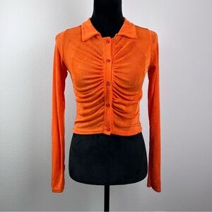 PrettyLittleThing Shirt Womens Four Cropped Stretch Ruching Button Orange